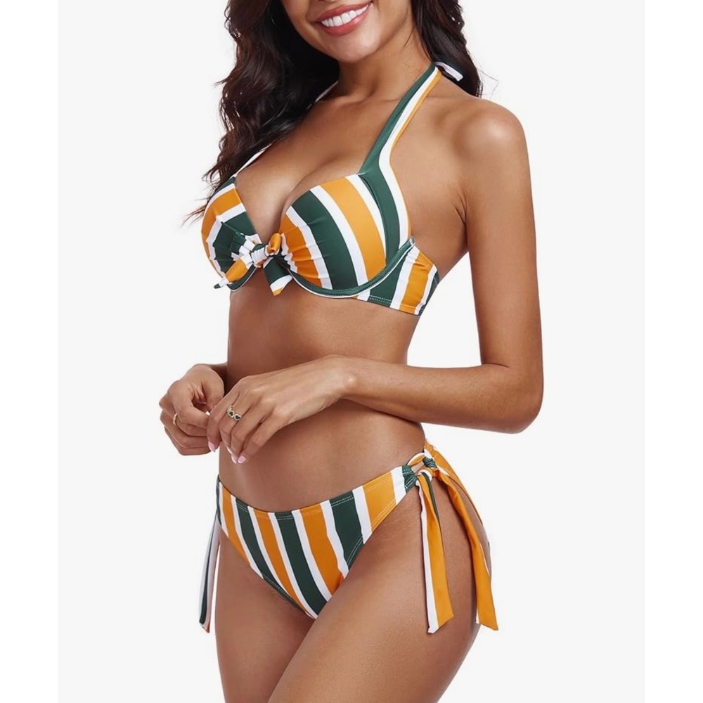 NEW Relleciga Striped XL Push Up Bikini Set Green Orange White Swimwear